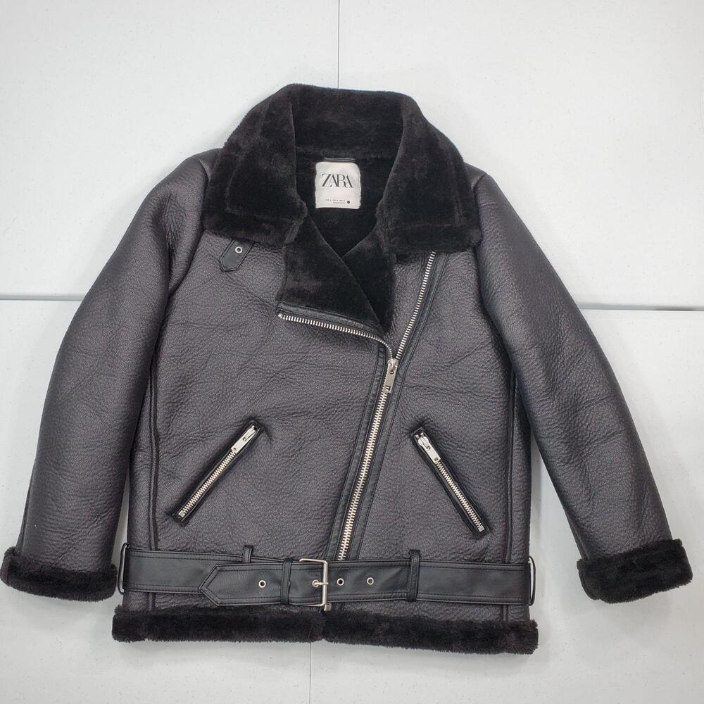 Zara Jacket Women M Black Faux Leather Biker Moto Belted Faux Fur Lined Aviator